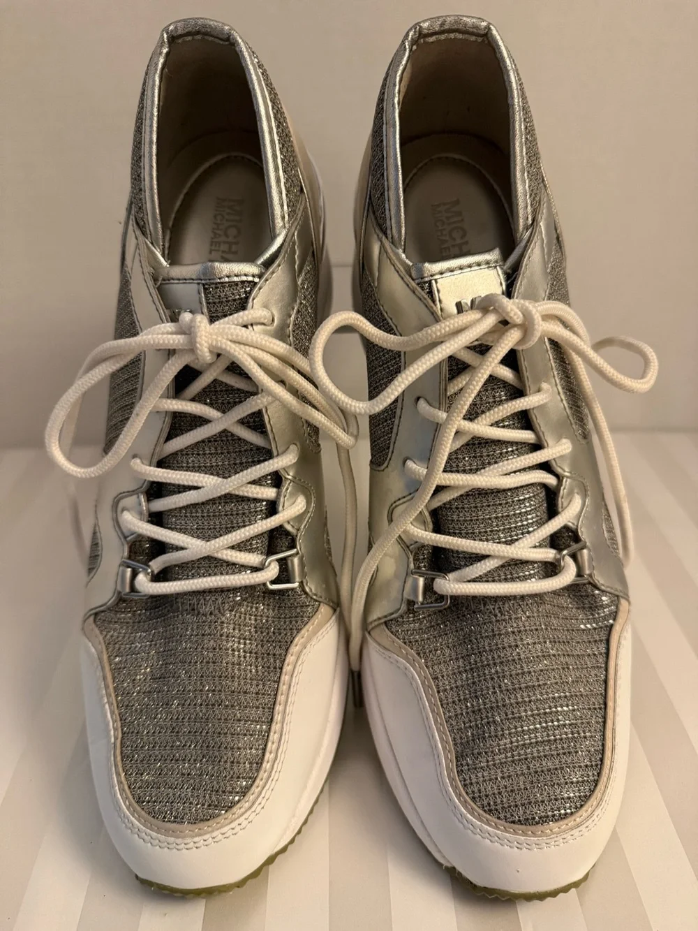 Michael Kors Liv Trainer Metallic Silver & White Sneakers Size 9